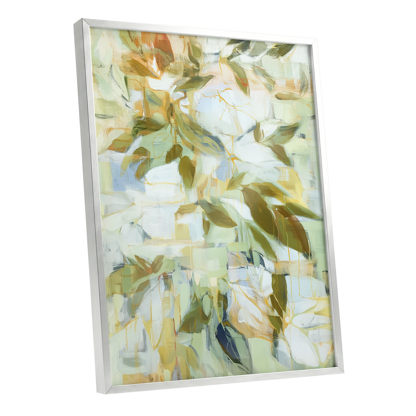 Verdant Drift, green, beige, white nature wall art shown as a silver framed poster wall art print