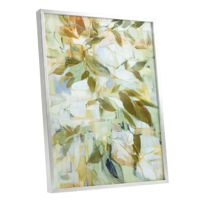 Verdant Drift, green, beige, white nature wall art shown as a silver framed poster wall art print