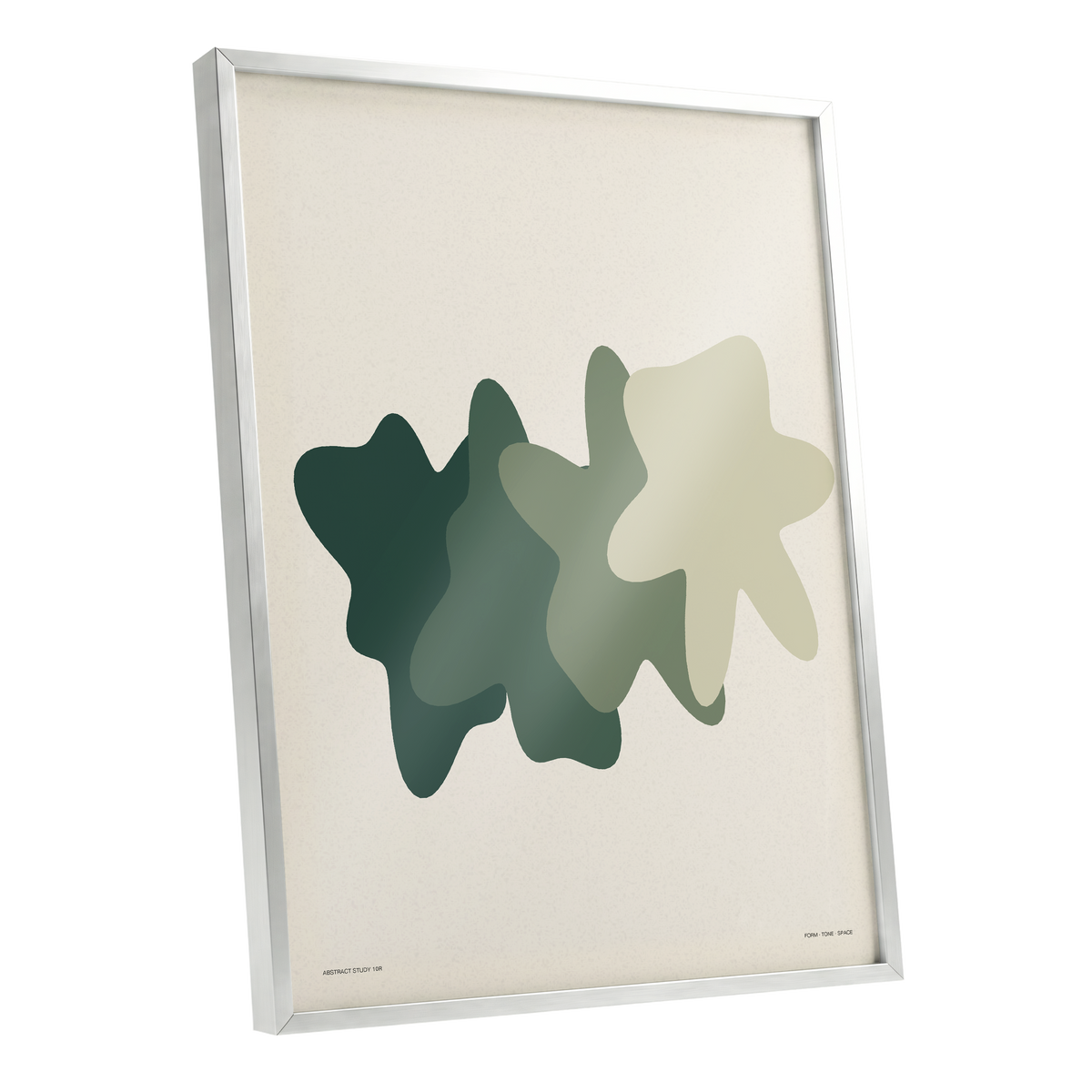 Verdant Drift, green, beige, white abstract wall art shown as a silver framed poster wall art print