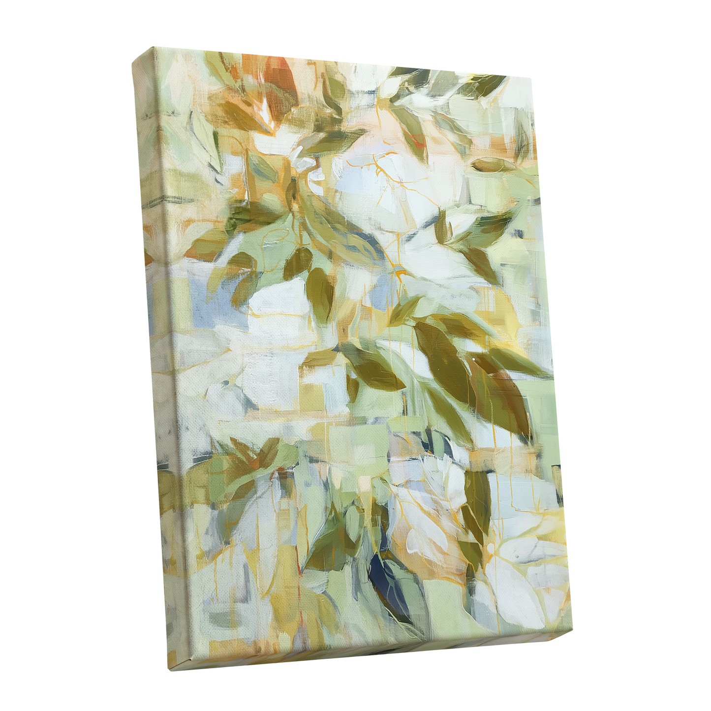 Verdant Drift, green, beige, white nature wall art shown as a stretched canvas wall art