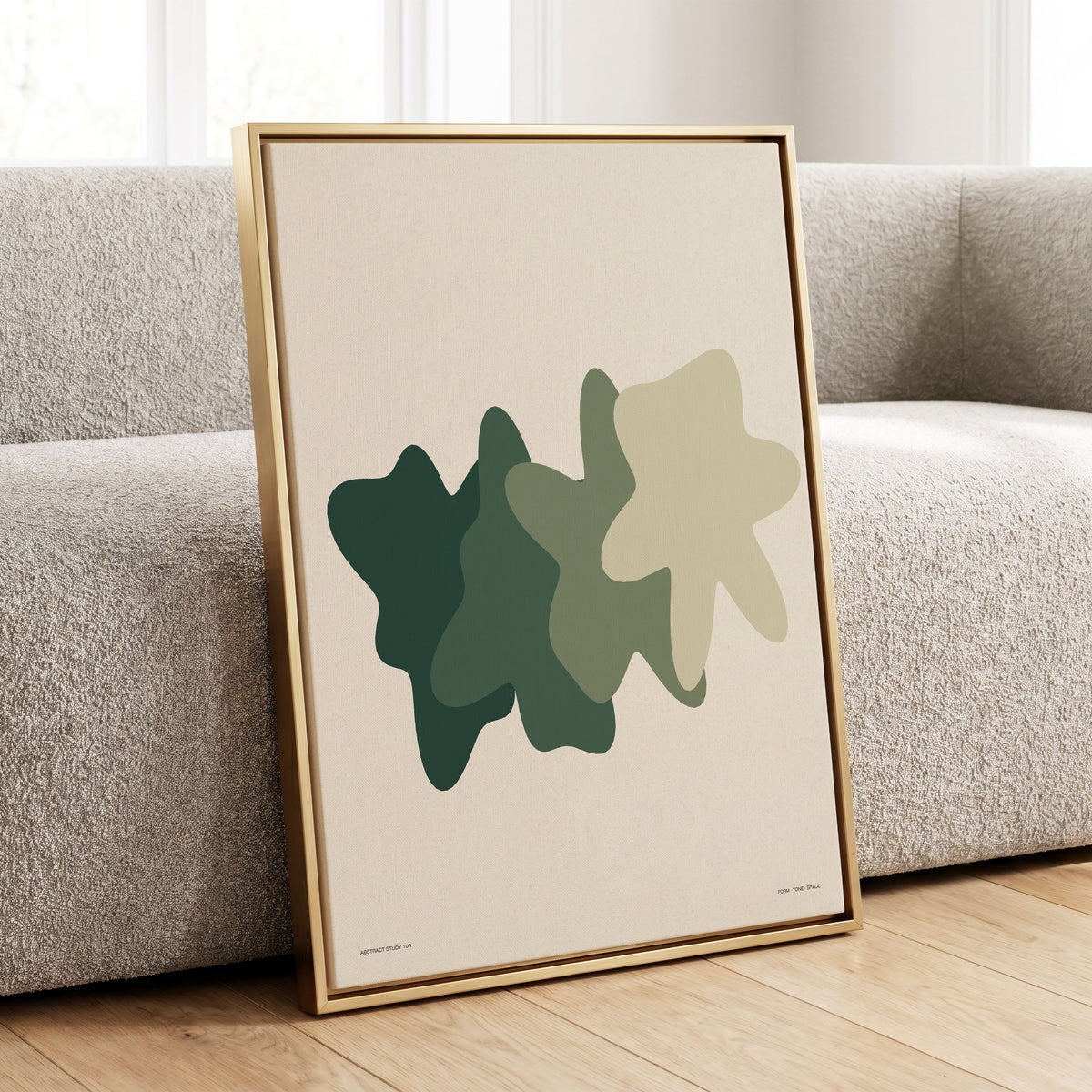 Verdant Drift, green, beige, white abstract wall art displayed in a styled interior, gallery view 1