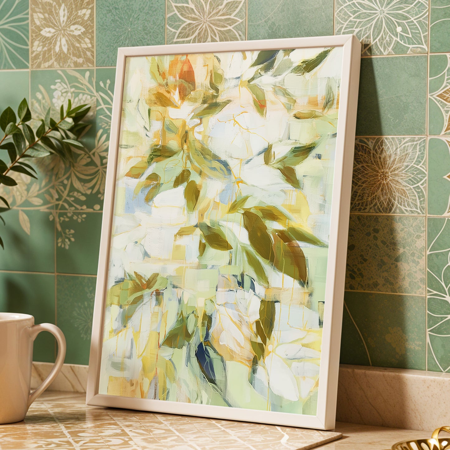 Verdant Drift, green, beige, white nature wall art displayed in a styled interior, gallery view 2