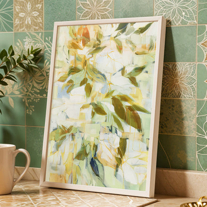 Verdant Drift, green, beige, white nature wall art displayed in a styled interior, gallery view 2