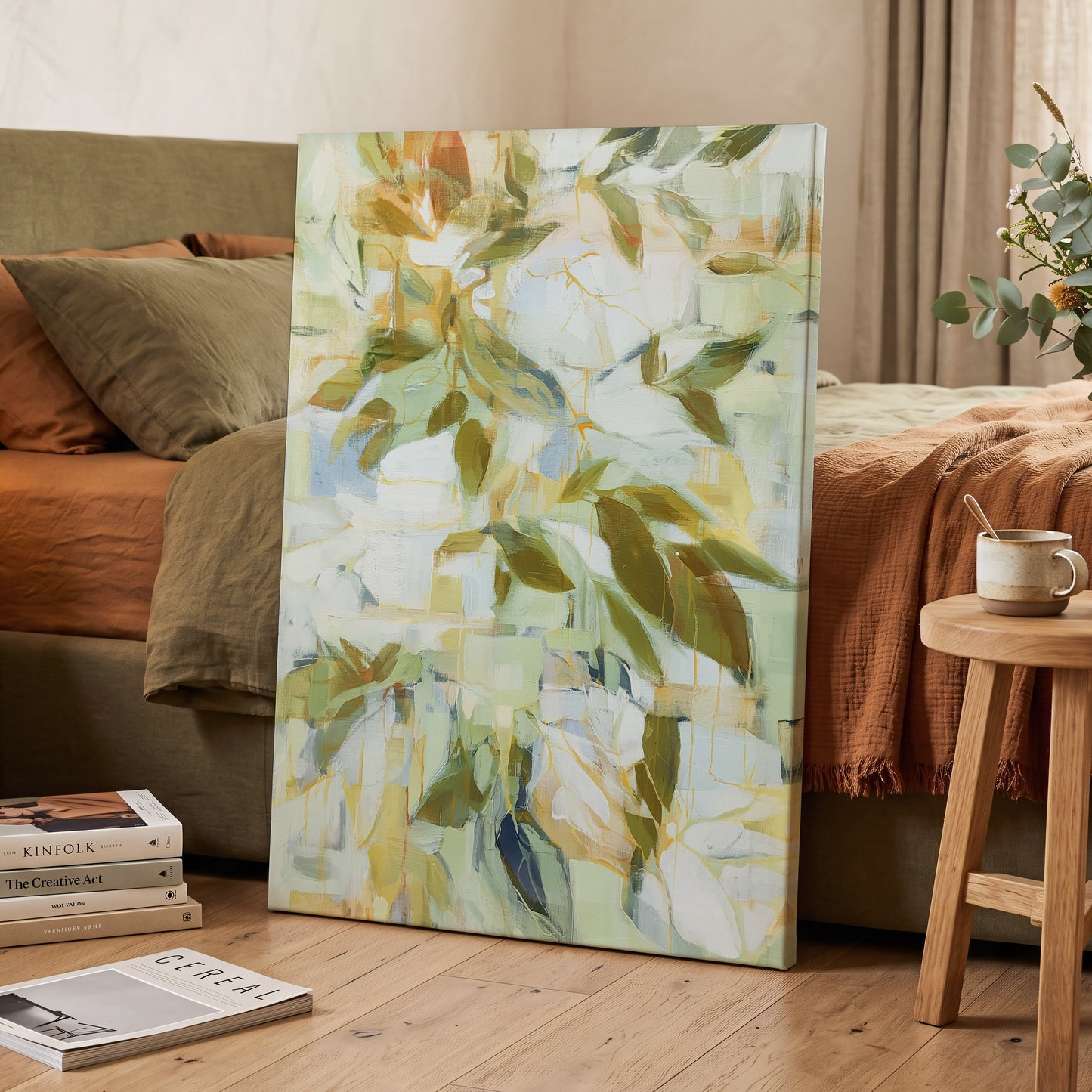 Verdant Drift, green, beige, white nature wall art displayed in a styled interior, gallery view 3