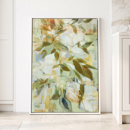 Verdant Drift, green, beige, white nature wall art displayed in a styled interior, gallery view 4