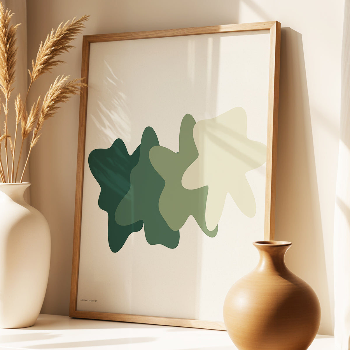 Verdant Drift, green, beige, white abstract wall art displayed in a styled interior, gallery view 4