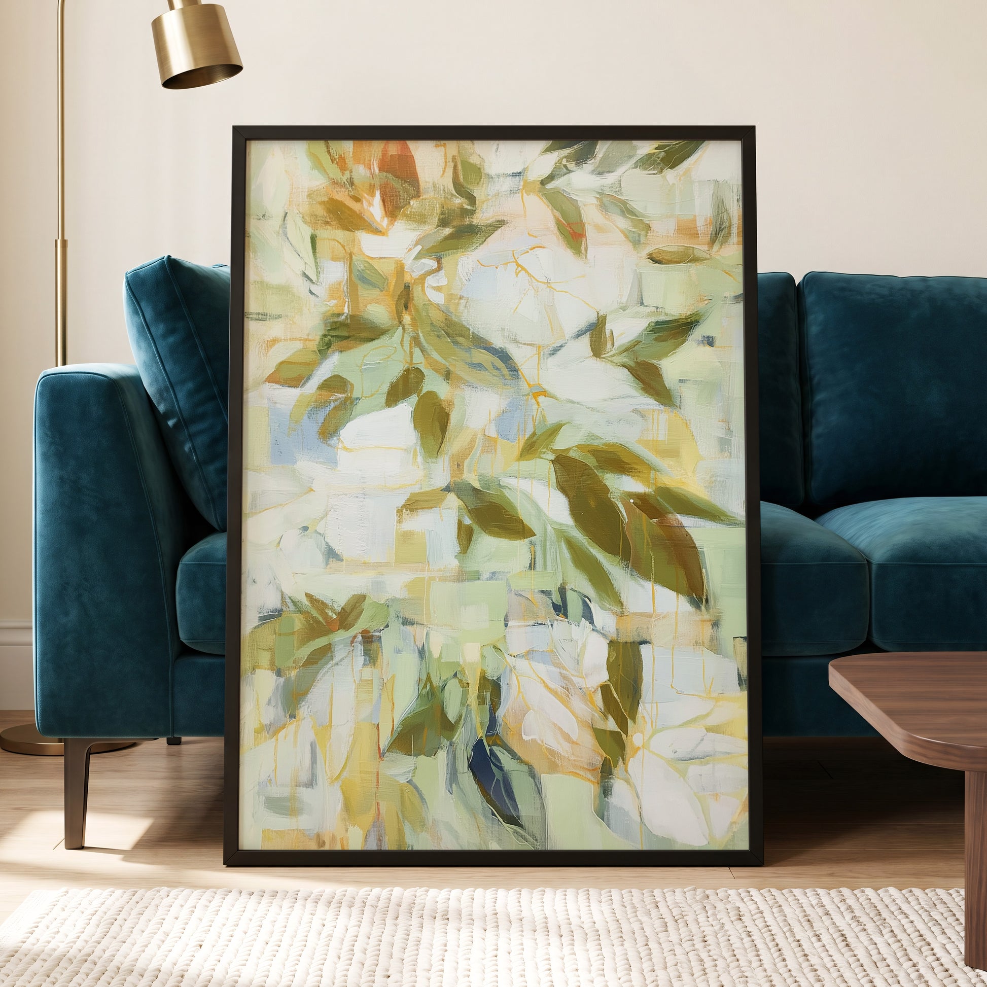 Verdant Drift, green, beige, white nature wall art displayed in a styled interior, gallery view 6