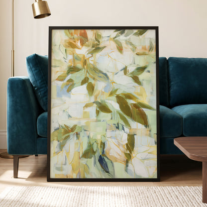 Verdant Drift, green, beige, white nature wall art displayed in a styled interior, gallery view 6