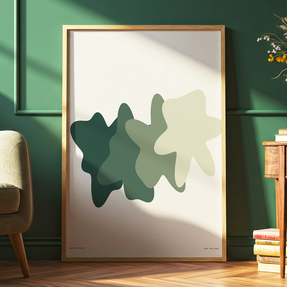 Verdant Drift, green, beige, white abstract wall art displayed in a styled interior, gallery view 6