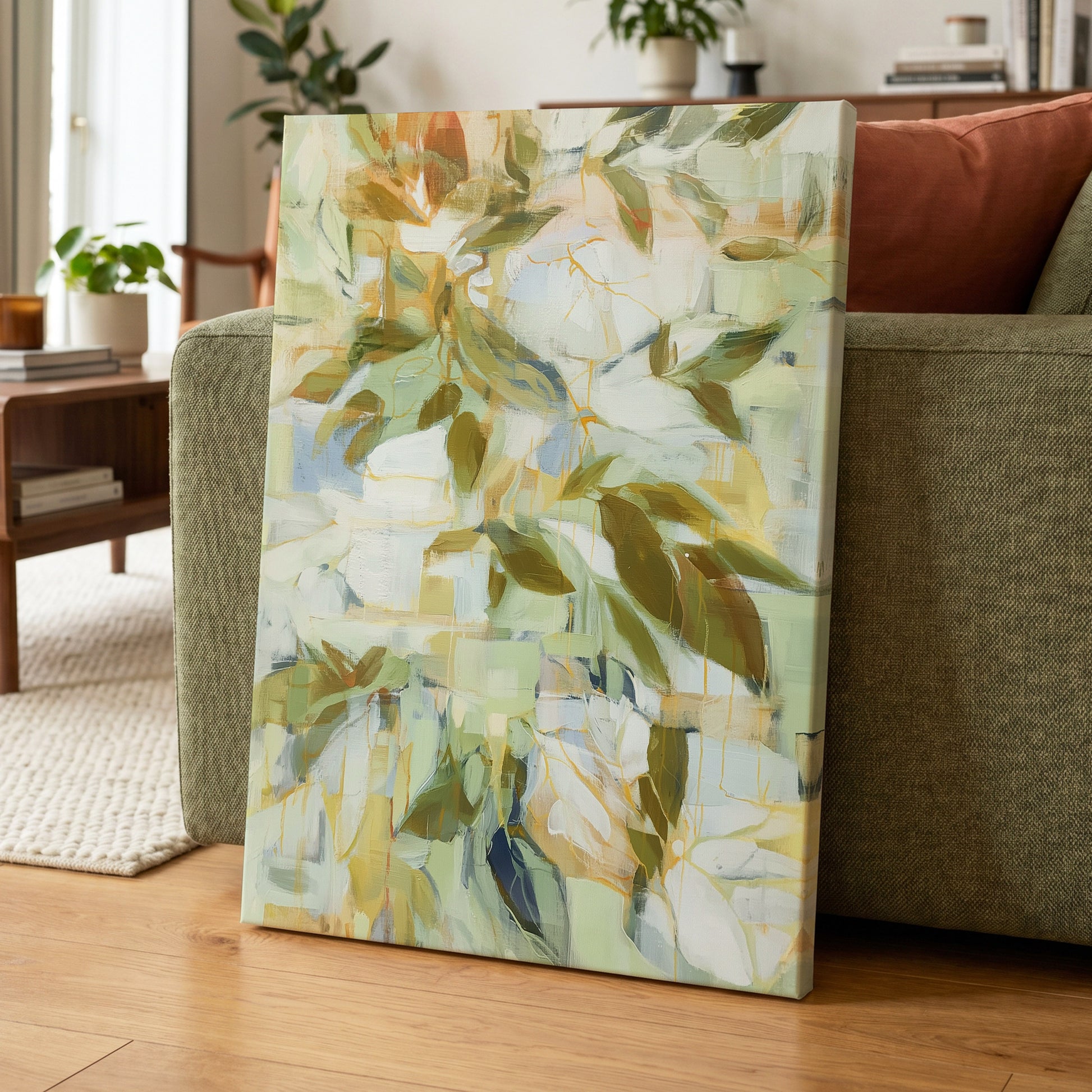 Verdant Drift, green, beige, white nature wall art displayed in a styled interior, gallery view 7