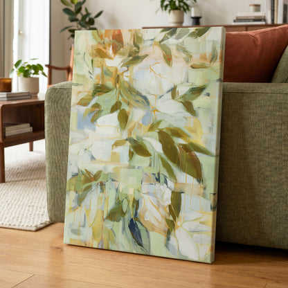 Verdant Drift, green, beige, white nature wall art displayed in a styled interior, gallery view 7