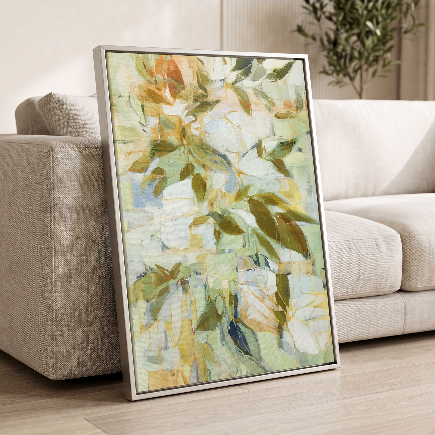 Verdant Drift, green, beige, white nature wall art displayed in a styled interior, gallery view 8