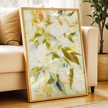 Verdant Drift, green, beige, white nature wall art displayed in a styled interior, gallery view 9