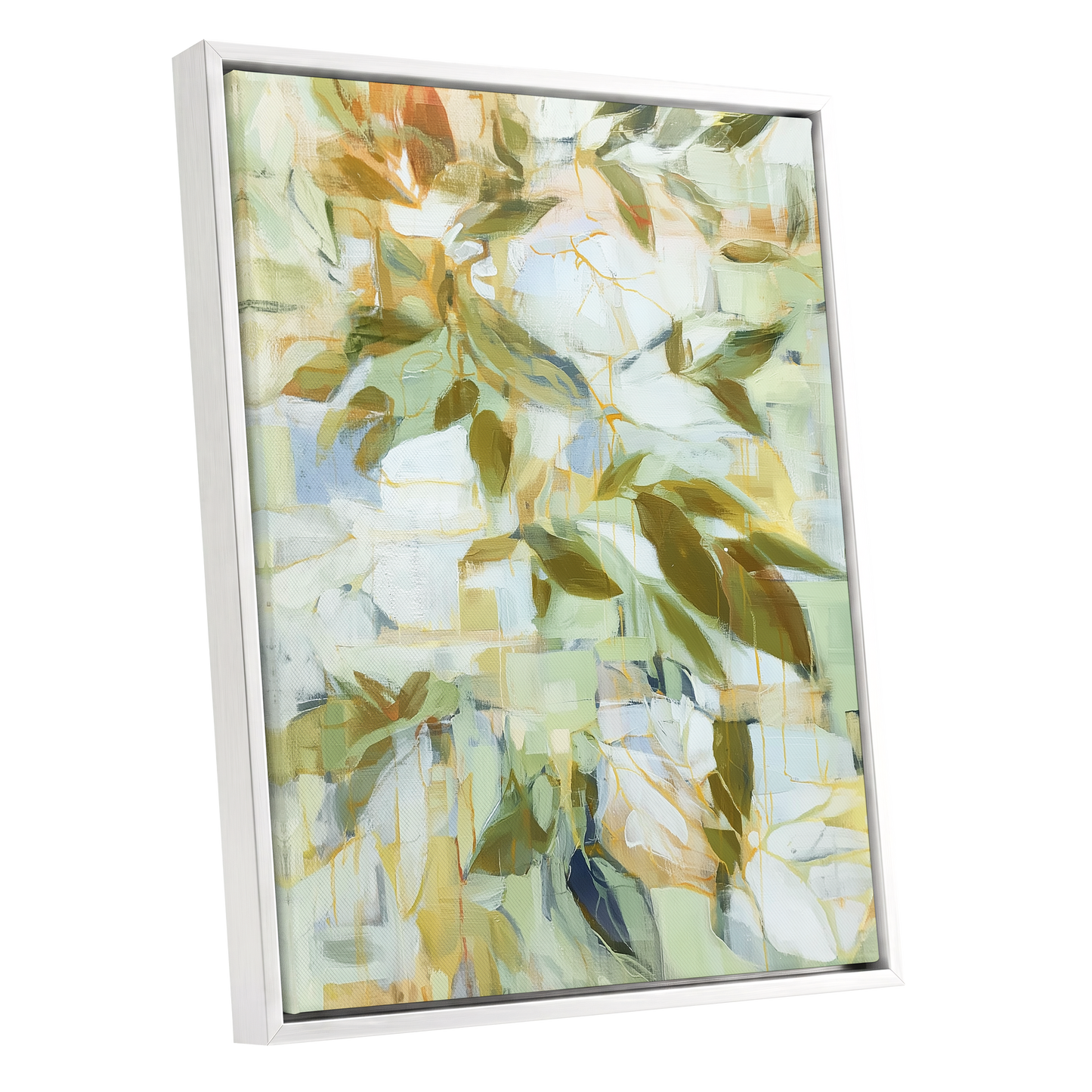 Verdant Drift, green, beige, white nature wall art shown as a white framed canvas wall art