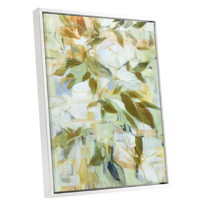Verdant Drift, green, beige, white nature wall art shown as a white framed canvas wall art