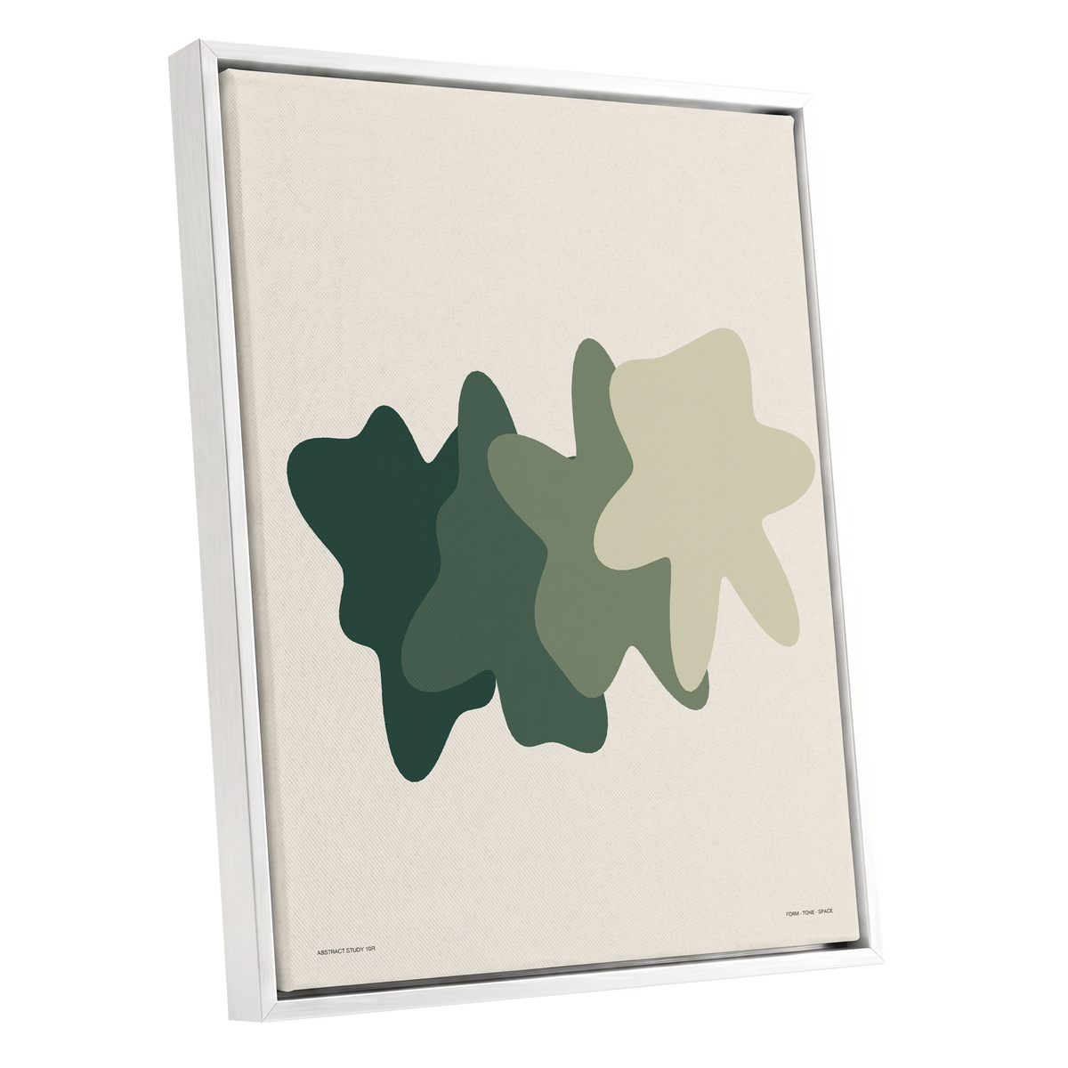 Verdant Drift, green, beige, white abstract wall art shown as a white framed canvas wall art