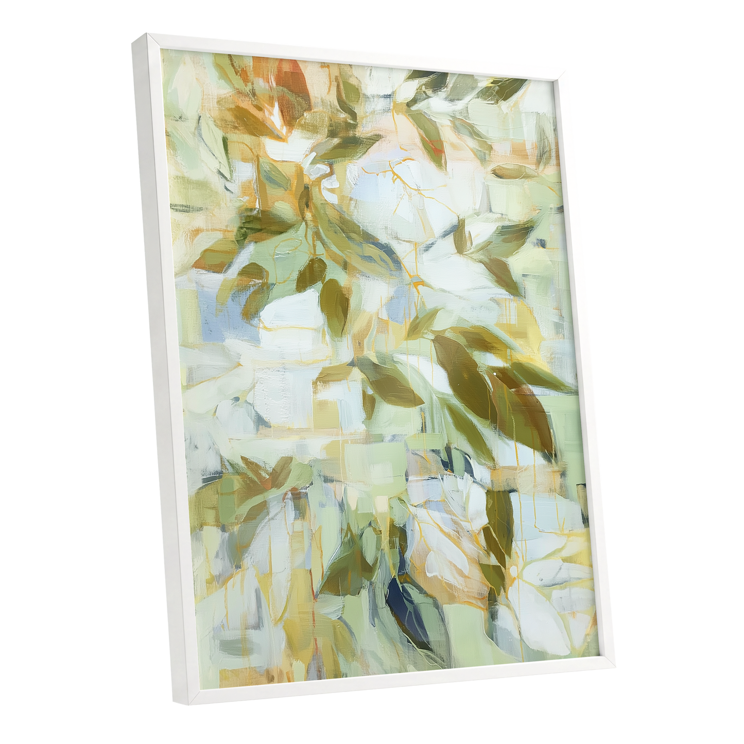 Verdant Drift, green, beige, white nature wall art shown as a white framed poster wall art print