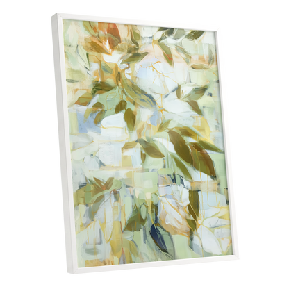 Verdant Drift, green, beige, white nature wall art shown as a white framed poster wall art print