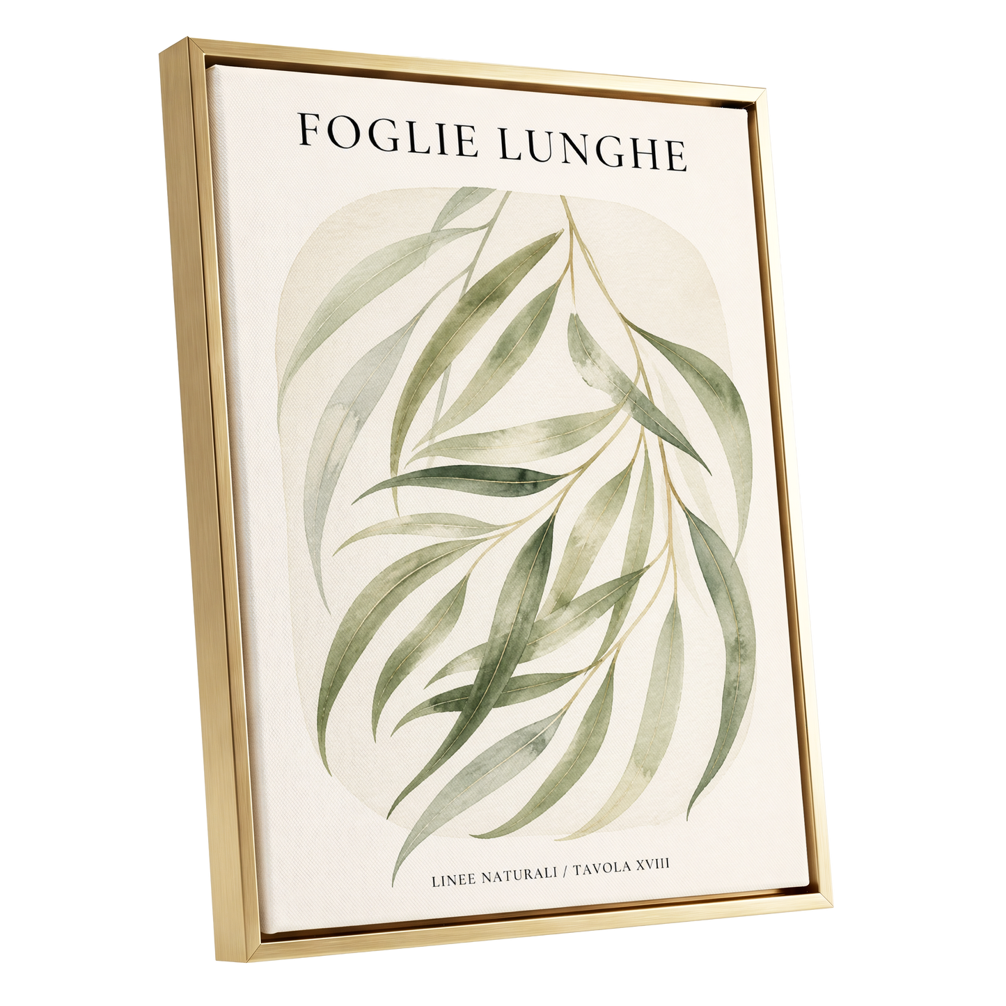 Verdant Folie, green, beige nature wall art shown as a gold framed canvas wall art