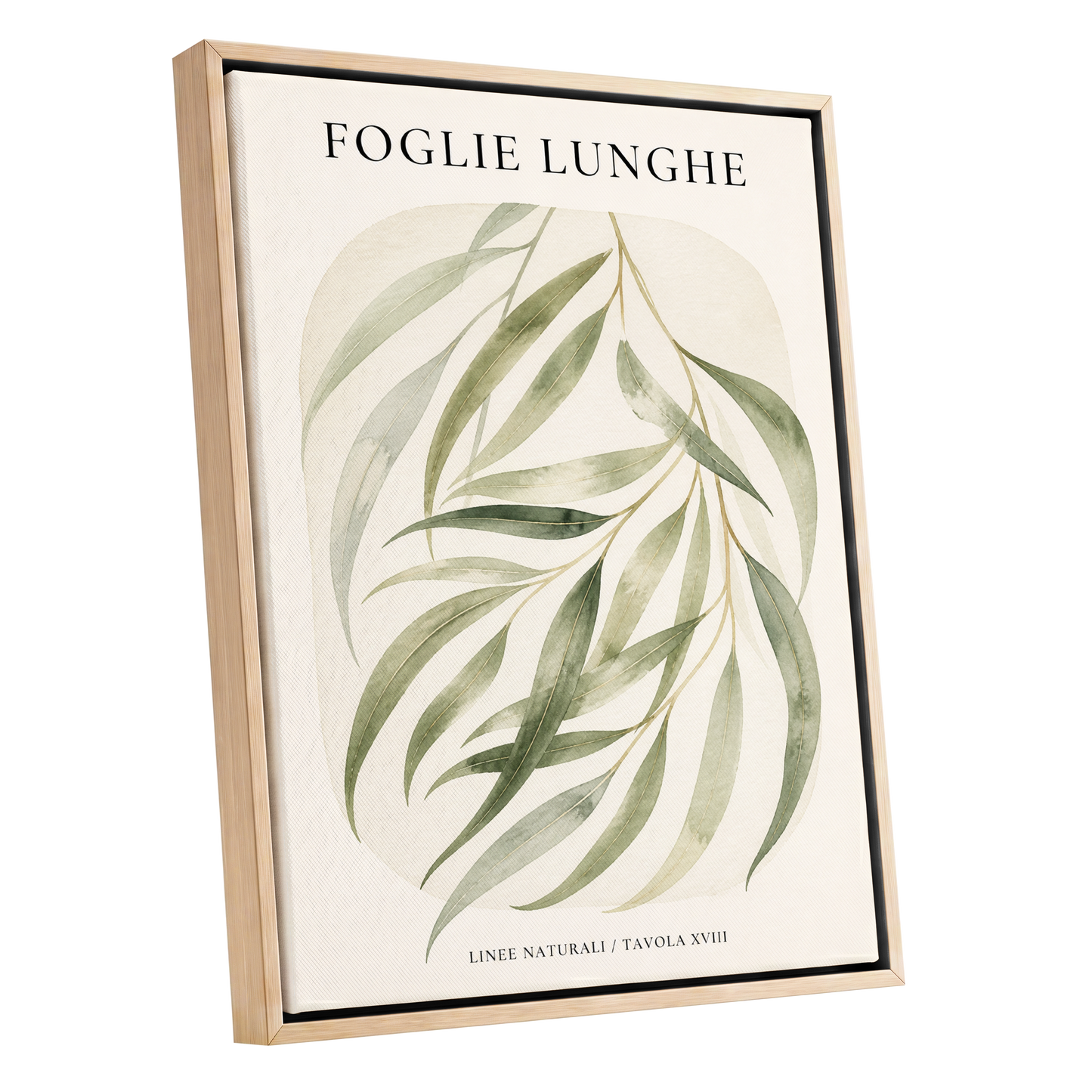 Verdant Folie, green, beige nature wall art shown as a oak framed canvas wall art