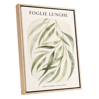 Verdant Folie, green, beige nature wall art shown as a oak framed canvas wall art