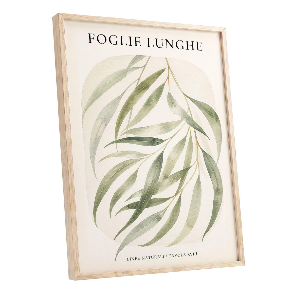 Verdant Folie, green, beige nature wall art shown as a oak framed poster wall art print