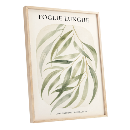 Verdant Folie, green, beige nature wall art shown as a oak framed poster wall art print