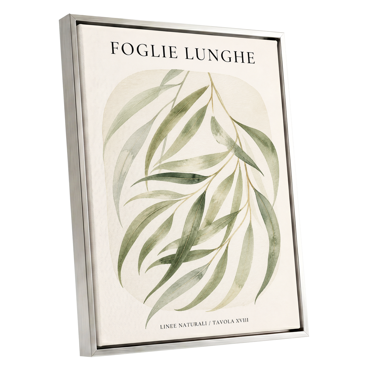 Verdant Folie, green, beige nature wall art shown as a silver framed canvas wall art