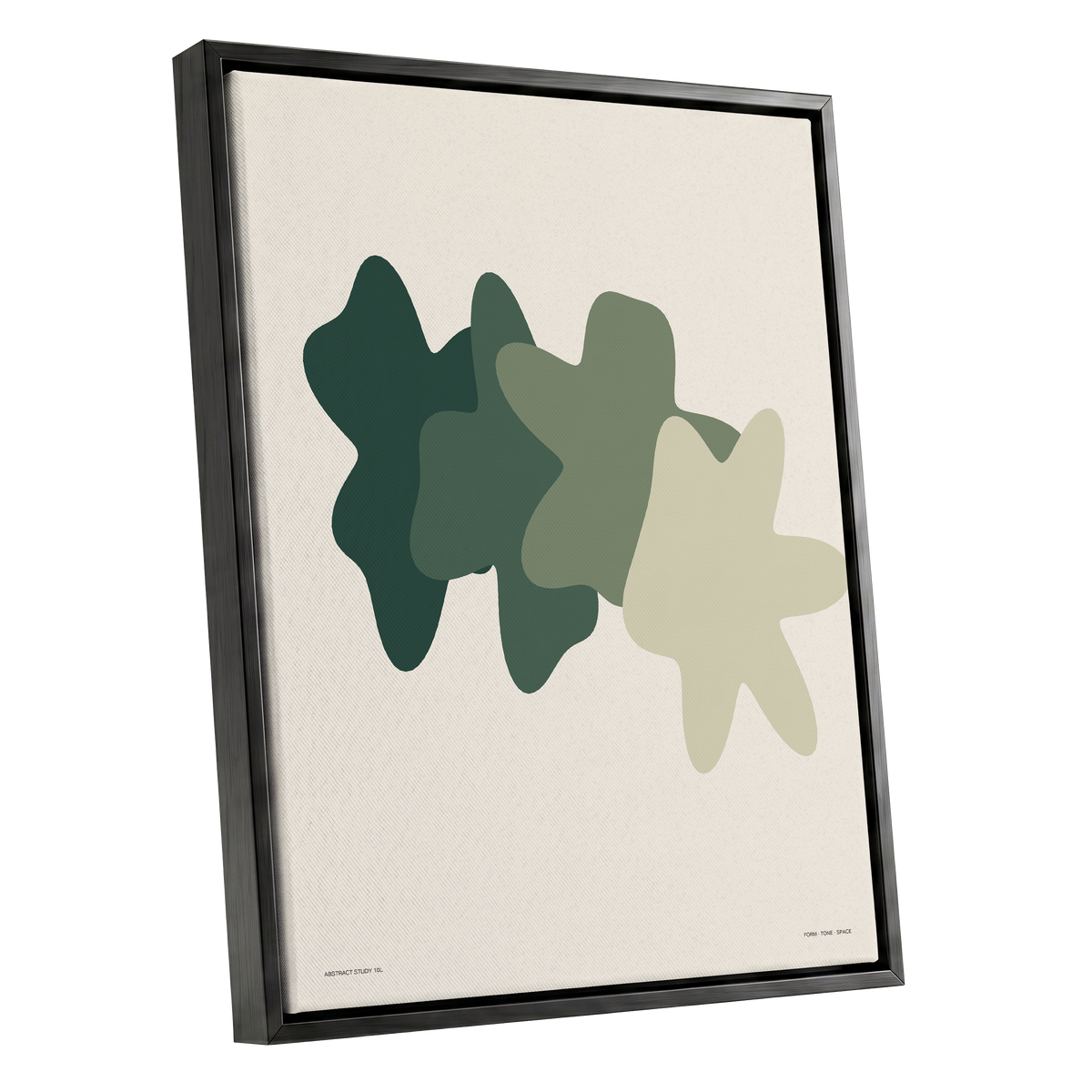 Verdant Form Study, green, beige abstract wall art shown as a black framed canvas wall art