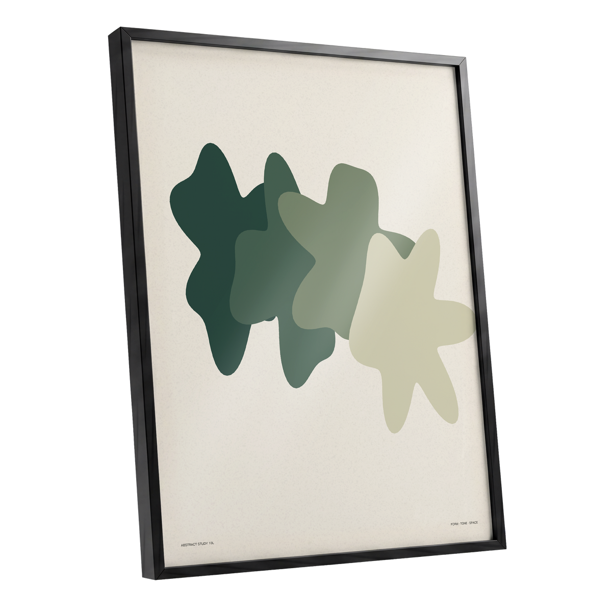Verdant Form Study, green, beige abstract wall art shown as a black framed poster wall art print