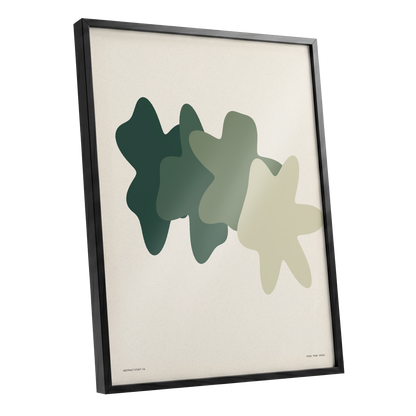 Verdant Form Study, green, beige abstract wall art shown as a black framed poster wall art print