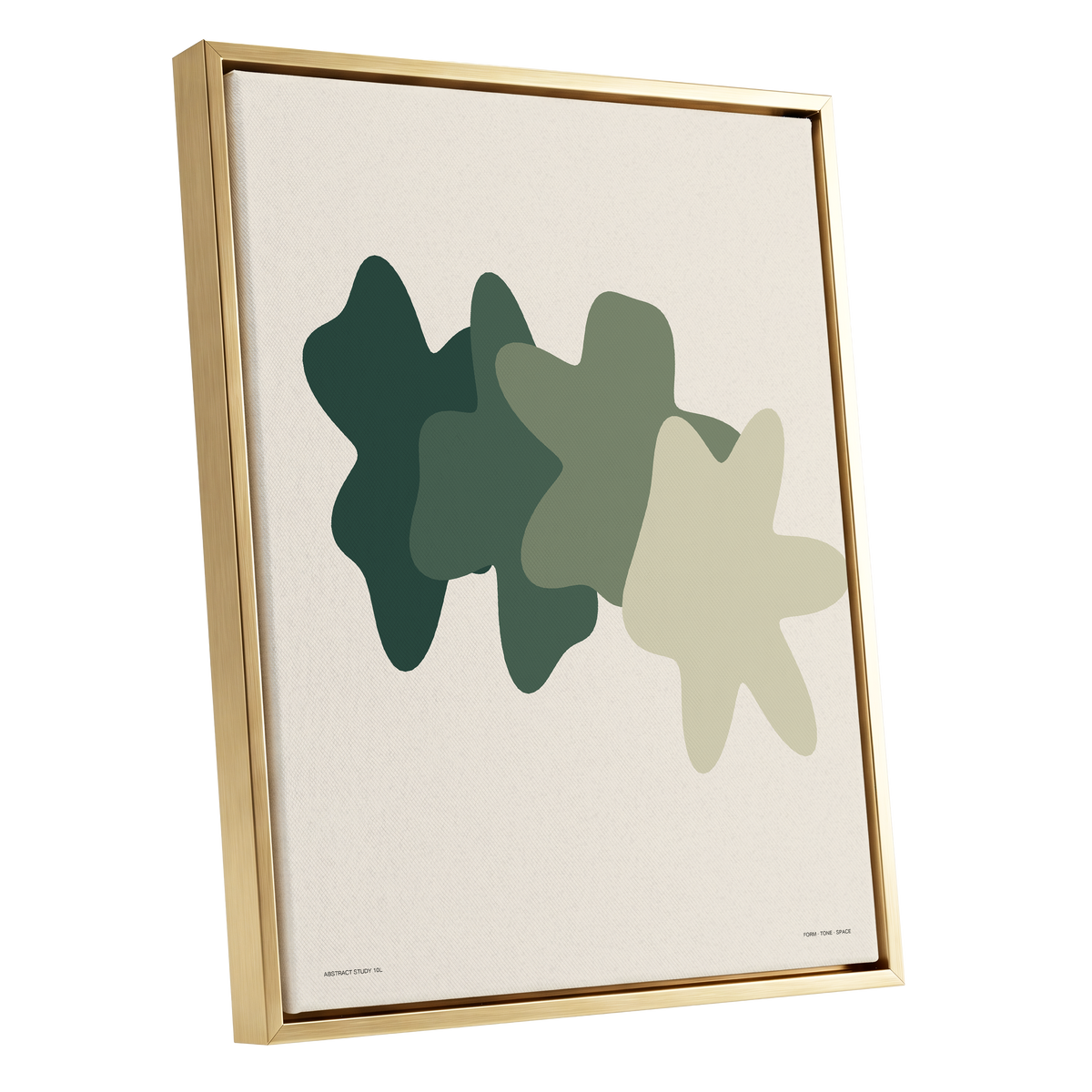 Verdant Form Study, green, beige abstract wall art shown as a gold framed canvas wall art
