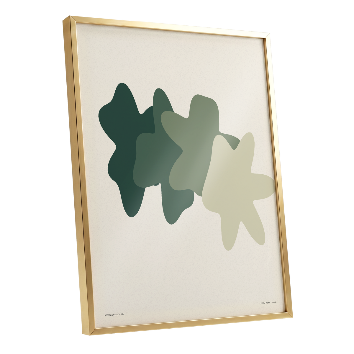Verdant Form Study, green, beige abstract wall art shown as a gold framed poster wall art print