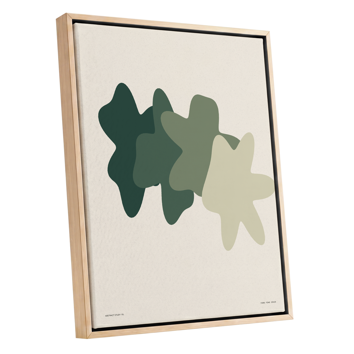 Verdant Form Study, green, beige abstract wall art shown as a oak framed canvas wall art