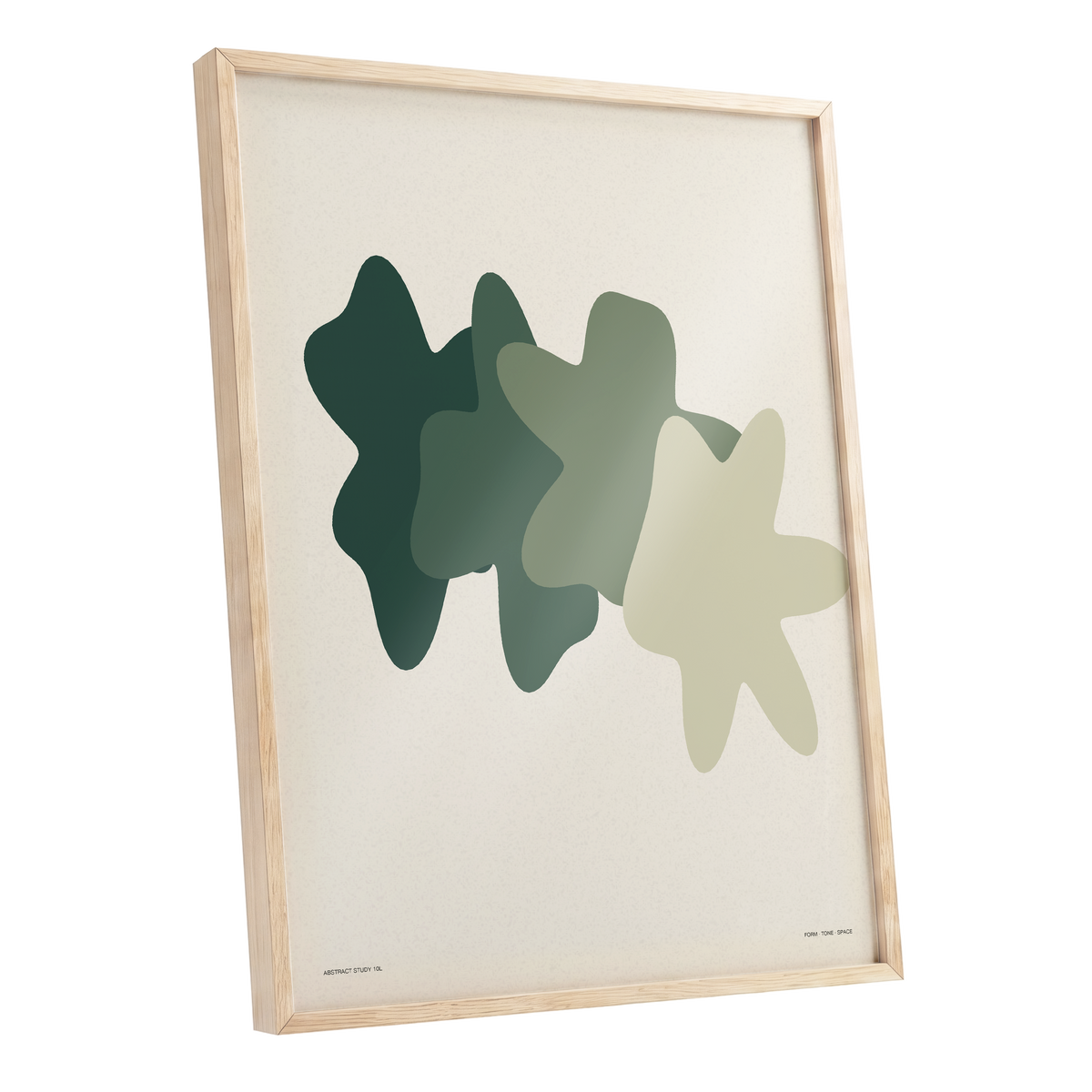 Verdant Form Study, green, beige abstract wall art shown as a oak framed poster wall art print