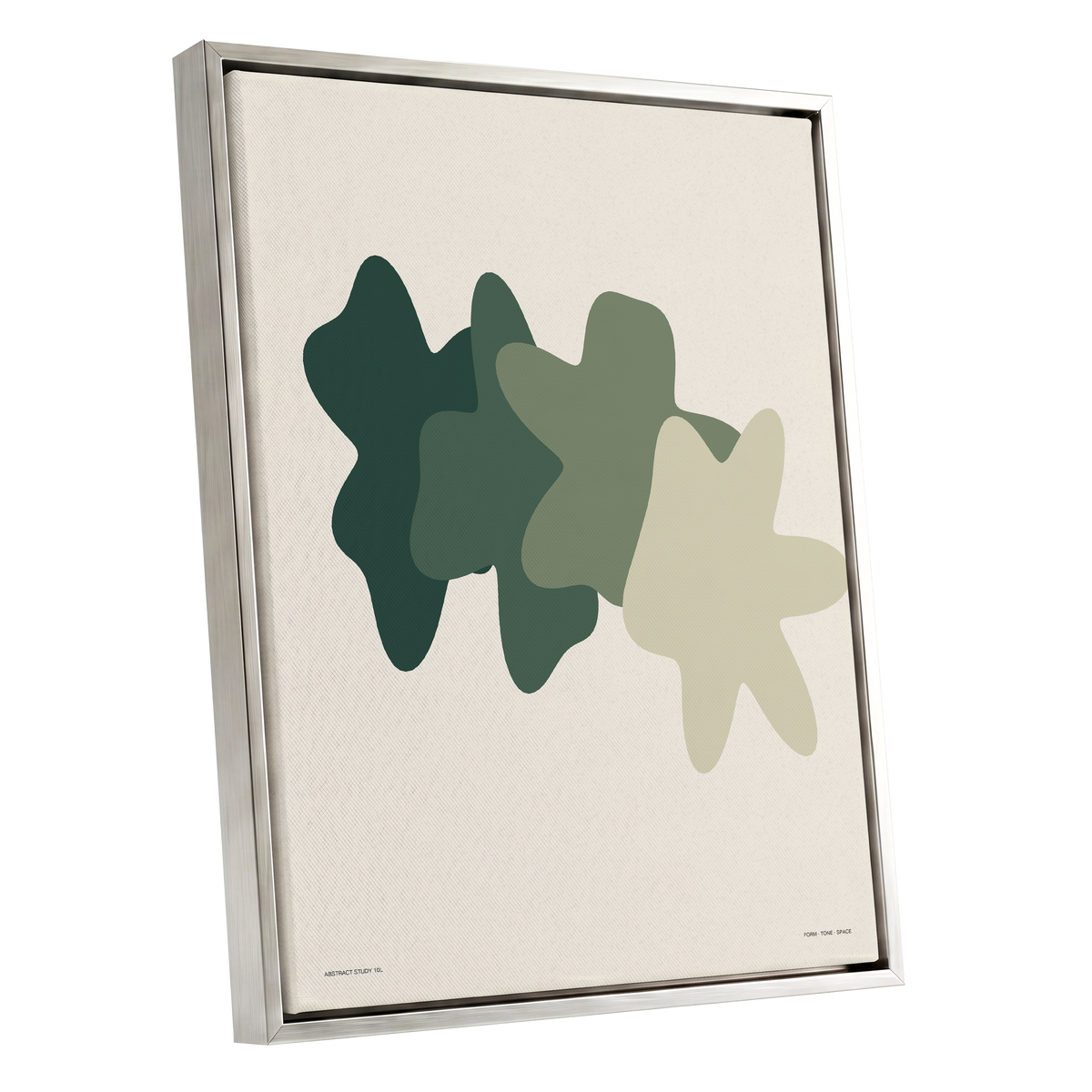 Verdant Form Study, green, beige abstract wall art shown as a silver framed canvas wall art