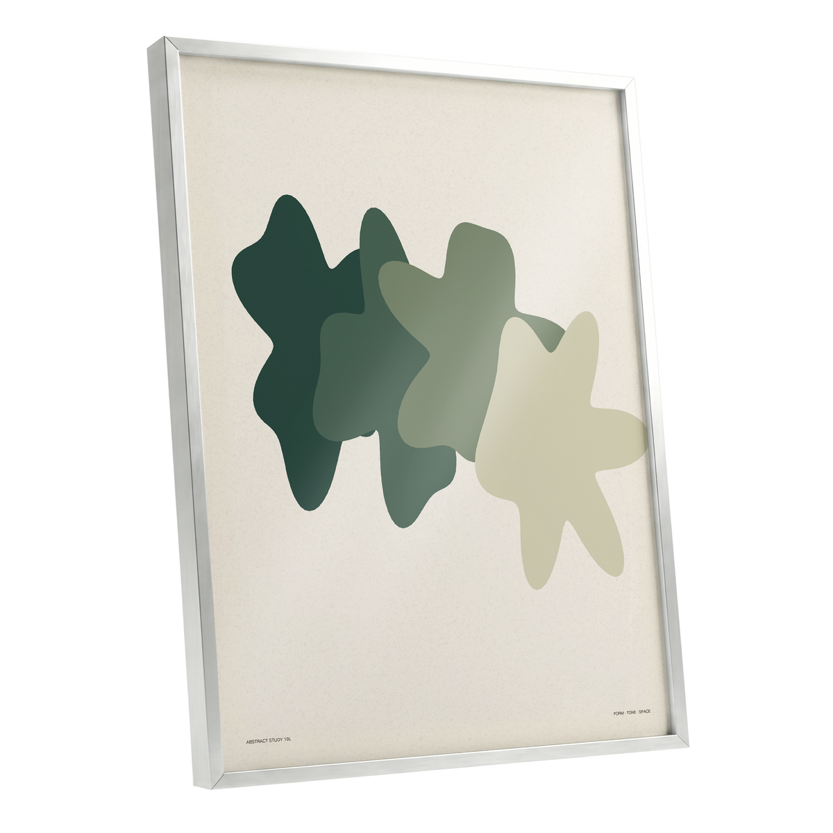 Verdant Form Study, green, beige abstract wall art shown as a silver framed poster wall art print