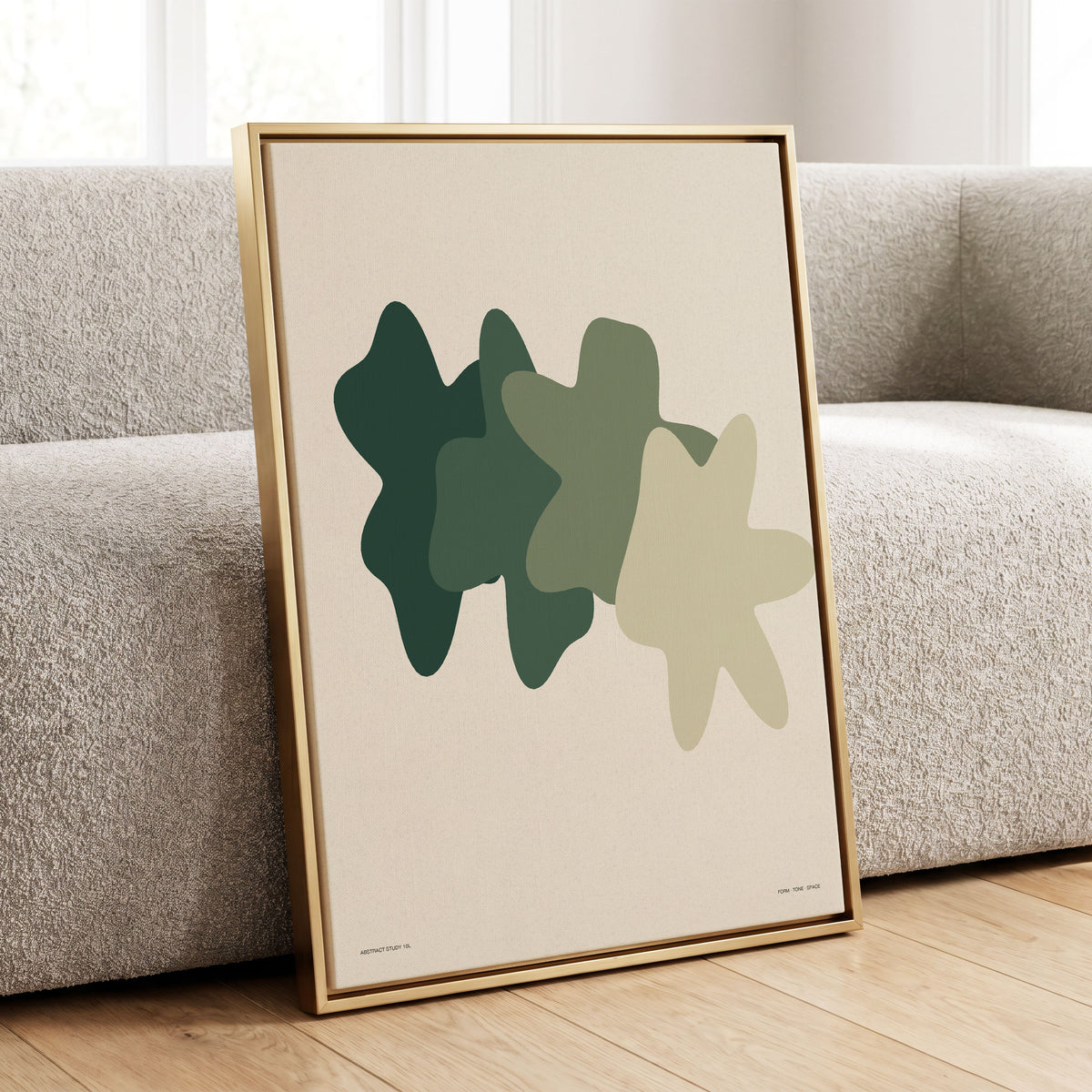 Verdant Form Study, green, beige abstract wall art displayed in a styled interior, gallery view 1