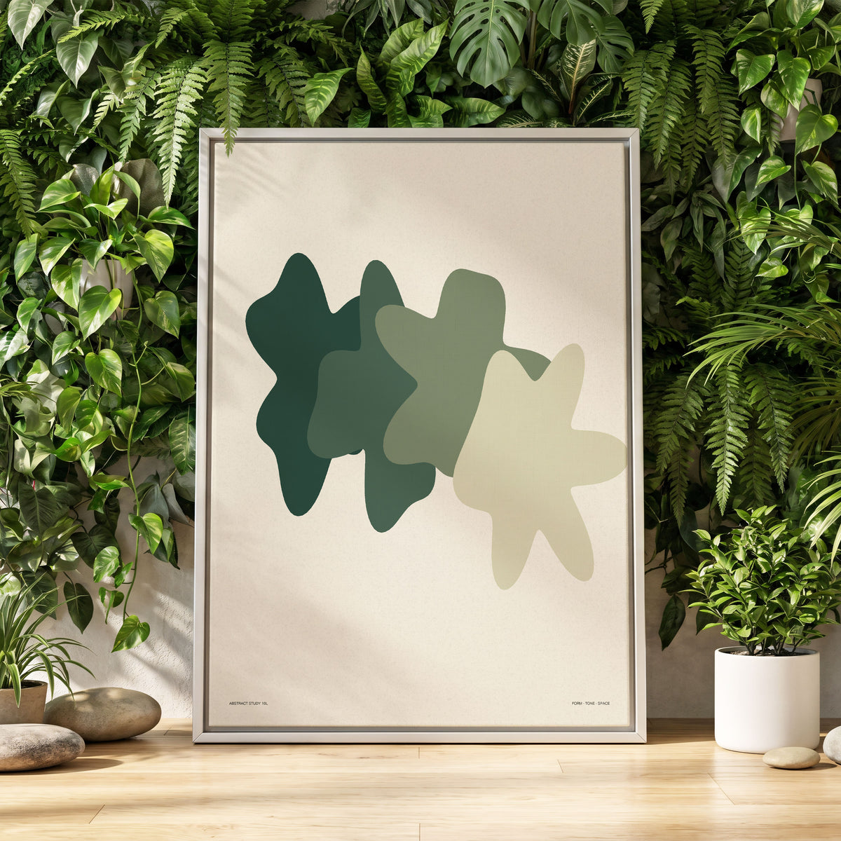 Verdant Form Study, green, beige abstract wall art displayed in a styled interior, gallery view 2