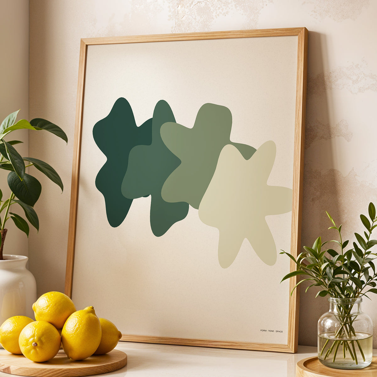 Verdant Form Study, green, beige abstract wall art displayed in a styled interior, gallery view 4