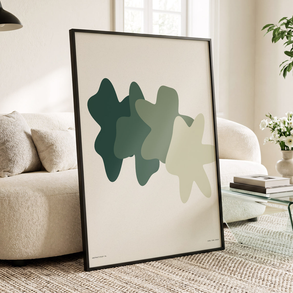 Verdant Form Study, green, beige abstract wall art displayed in a styled interior, gallery view 5