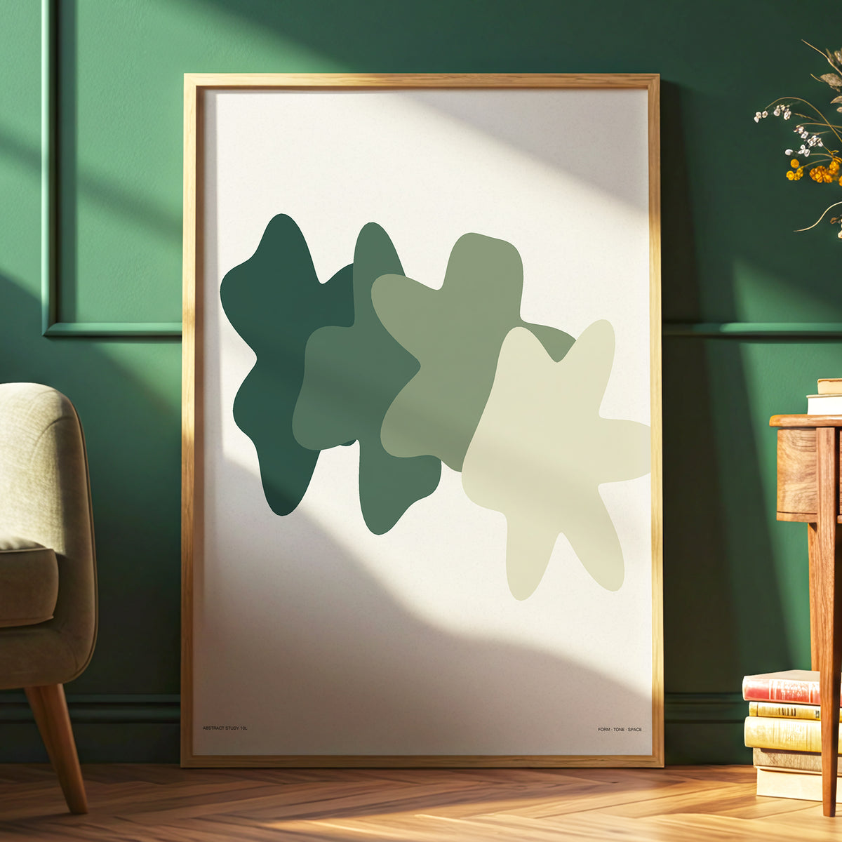 Verdant Form Study, green, beige abstract wall art displayed in a styled interior, gallery view 6