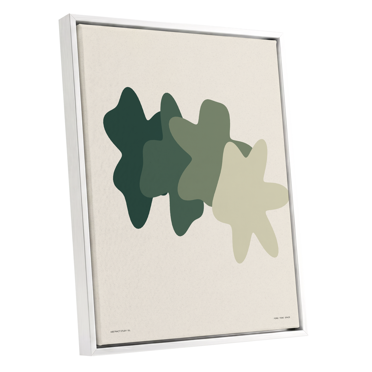 Verdant Form Study, green, beige abstract wall art shown as a white framed canvas wall art