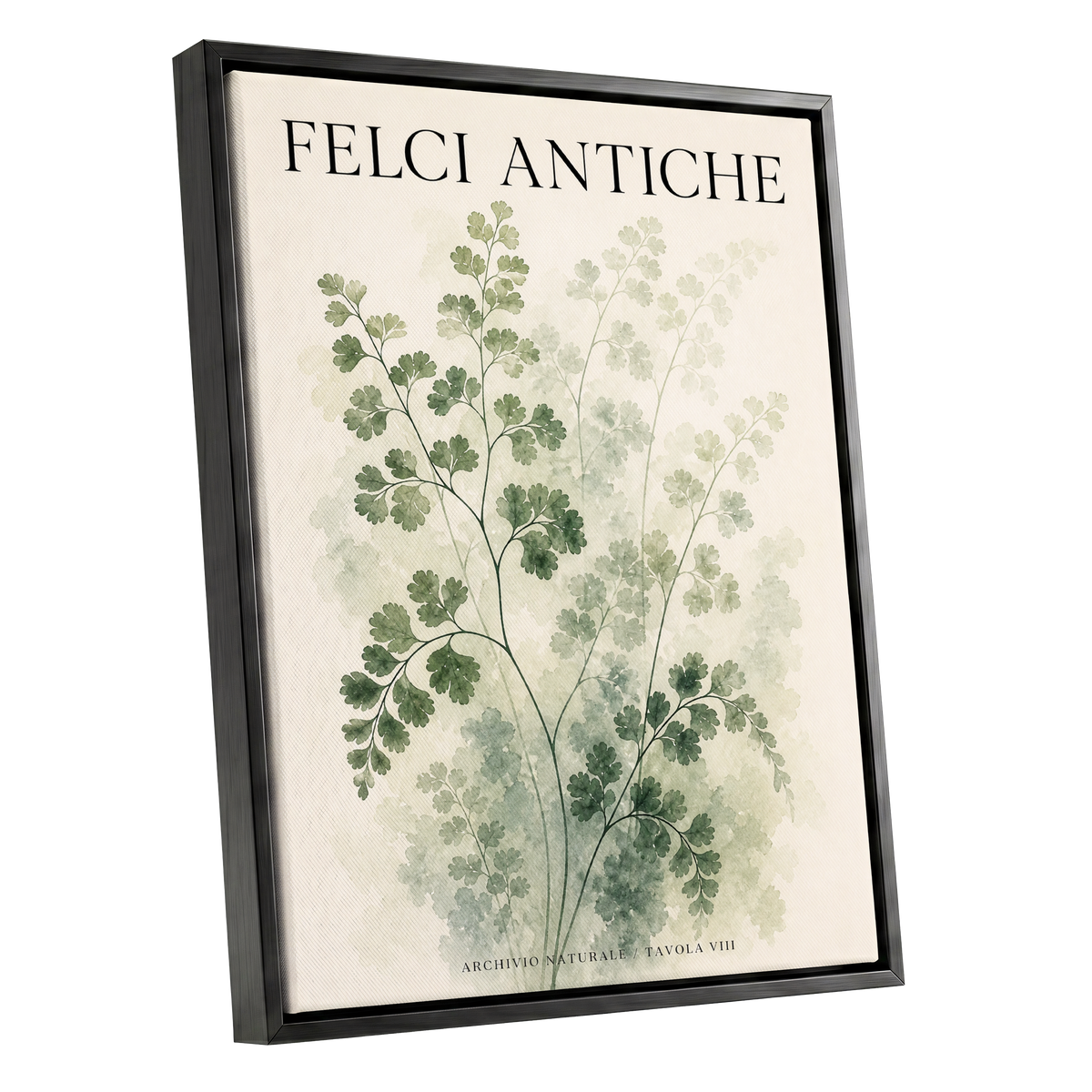 Verdant Herbarium, green, beige, black nature wall art shown as a black framed canvas wall art