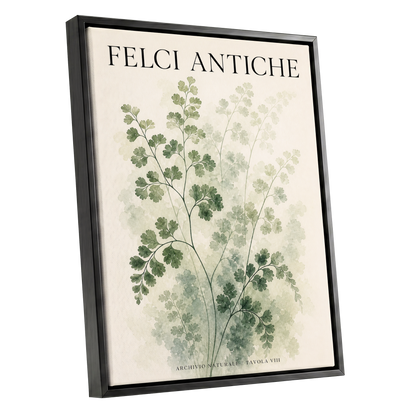 Verdant Herbarium, green, beige, black nature wall art shown as a black framed canvas wall art