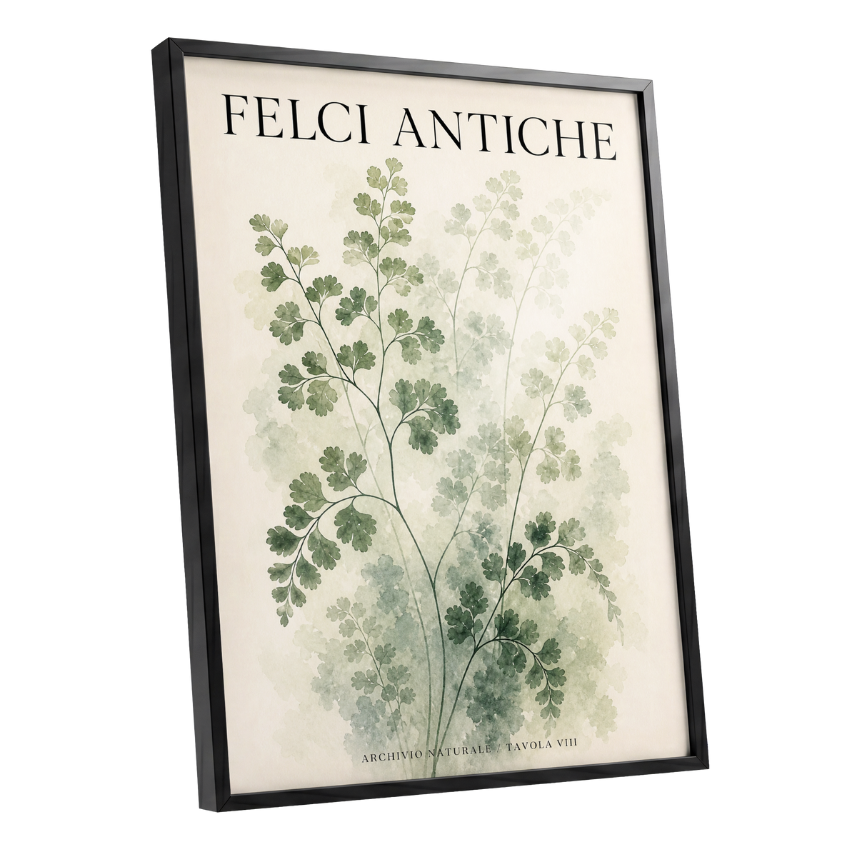 Verdant Herbarium, green, beige, black nature wall art shown as a black framed poster wall art print