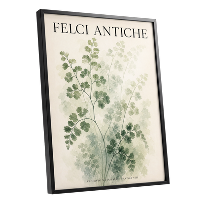 Verdant Herbarium, green, beige, black nature wall art shown as a black framed poster wall art print