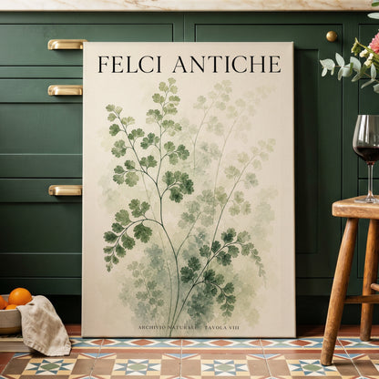 Verdant Herbarium, green, beige, black nature wall art on canvas displayed in a styled interior, gallery view 1
