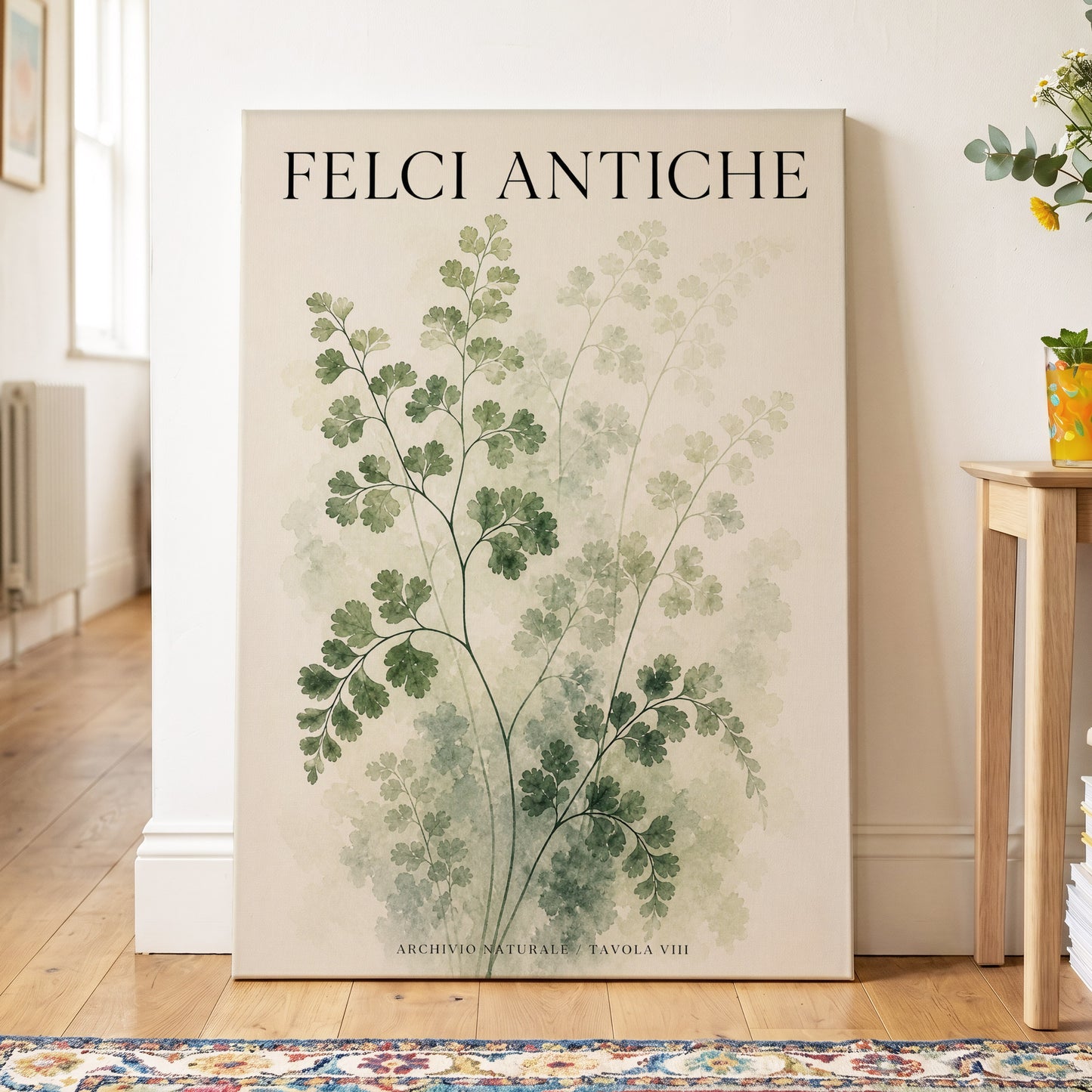 Verdant Herbarium, green, beige, black nature wall art on canvas displayed in a styled interior, gallery view 2