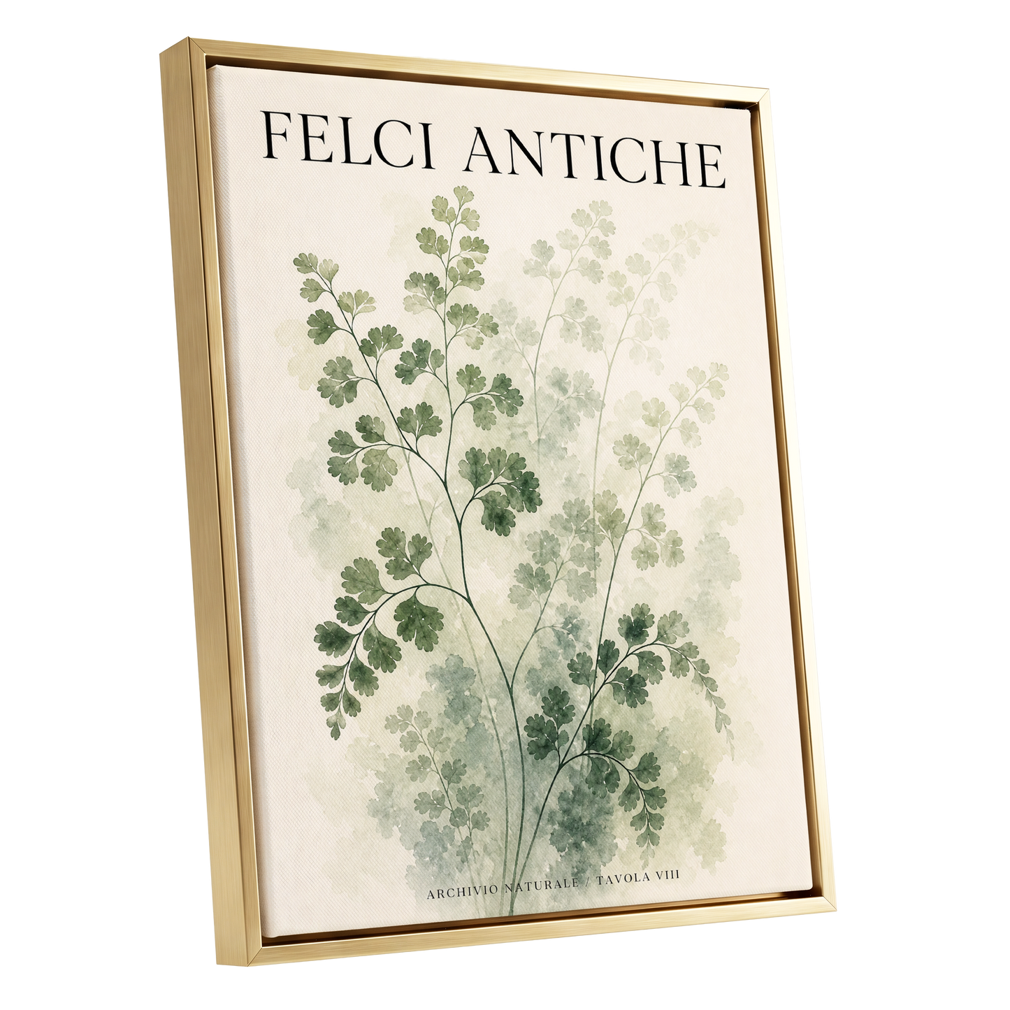 Verdant Herbarium, green, beige, black nature wall art shown as a gold framed canvas wall art